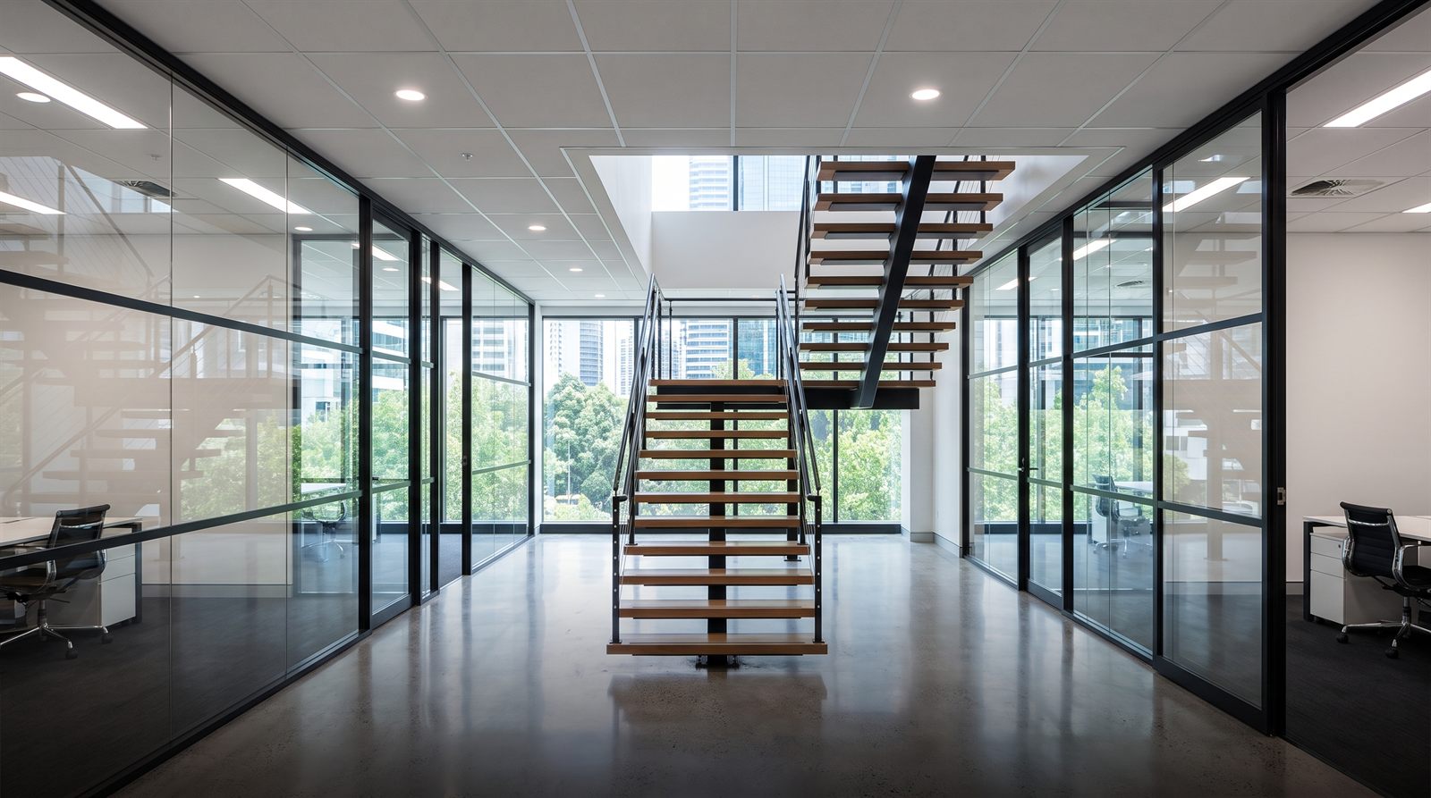 Commercial office fit-out with glass partitions and a floating timber stair