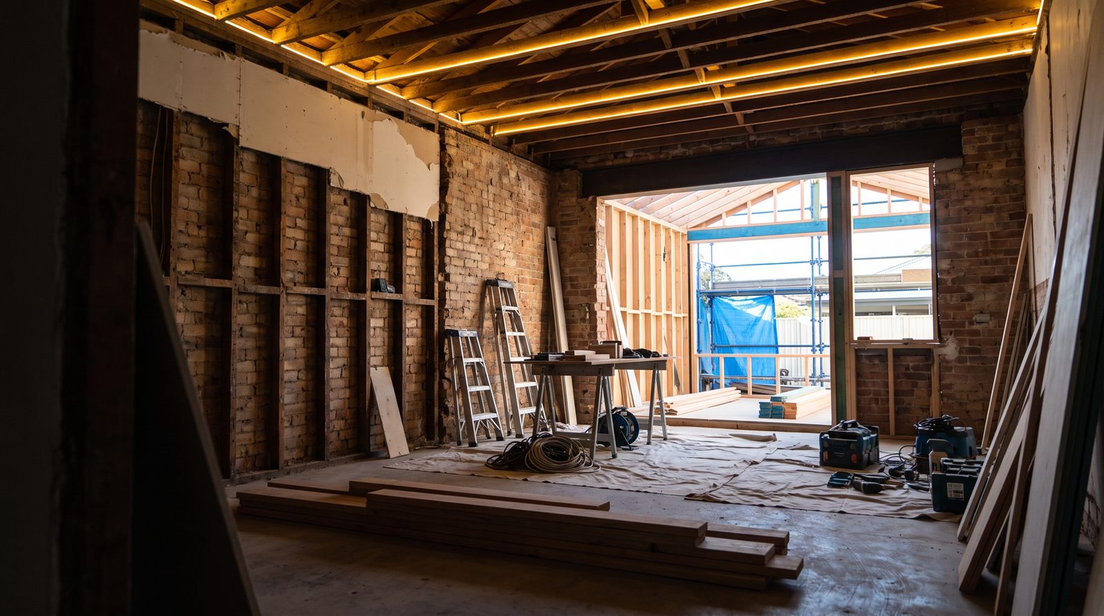 Renovation in progress with exposed brick walls and LED-lit ceiling frame