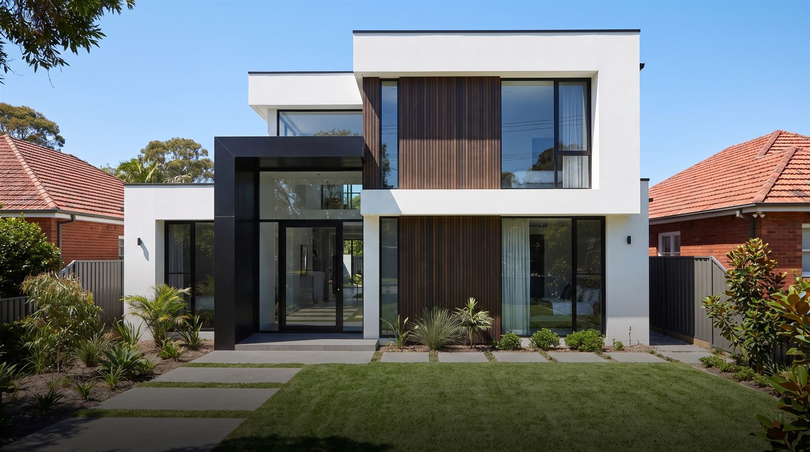 Completed contemporary home with timber battens and landscaped lawn